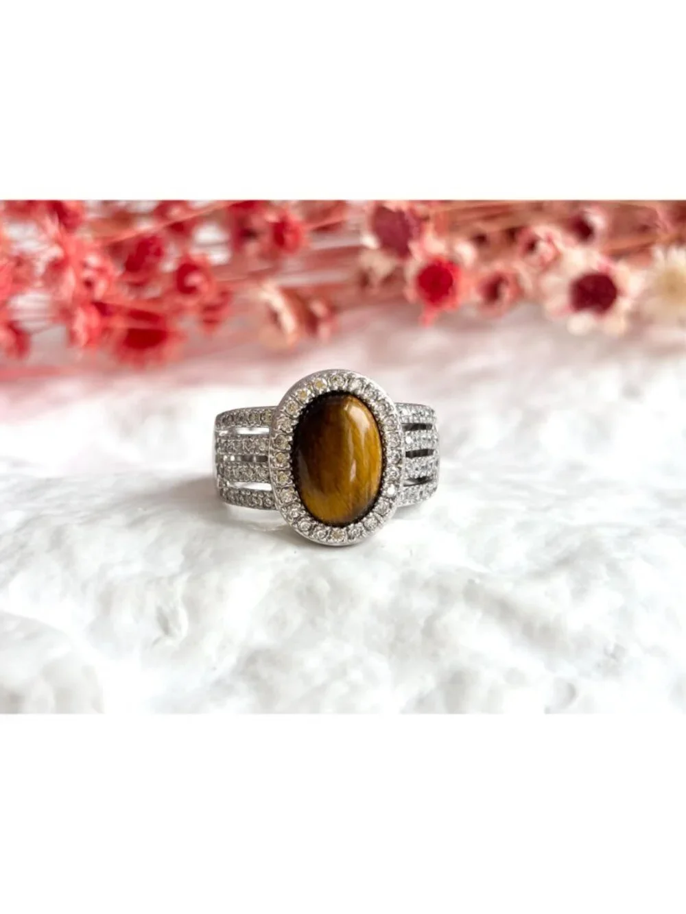 Genuine Tiger's Eye Gemstone Open Shank Sterling Silver 925 Vintage Ring - sz 8